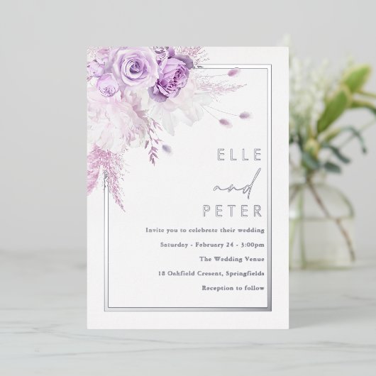 Zilverfolie & Lavendel Rozen Bruiloft Folie Uitnodiging (Staand Voorkant)