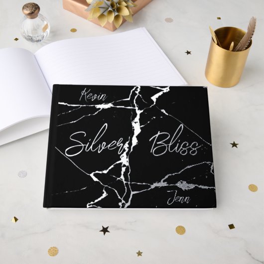 Zilverfolie op zwart 25e bruiloft Jubileum | Gastenboek (Voorkant open)