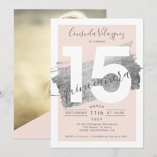 Zilverfolie penseelstreek blush quinceanera foto kaart (Voorkant / Achterkant)