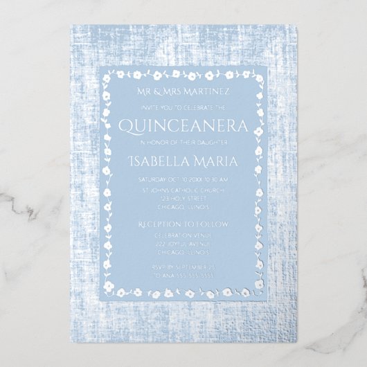 Zilverfolie Quinceañera Uitnodiging Dusty Blue (Voorkant)