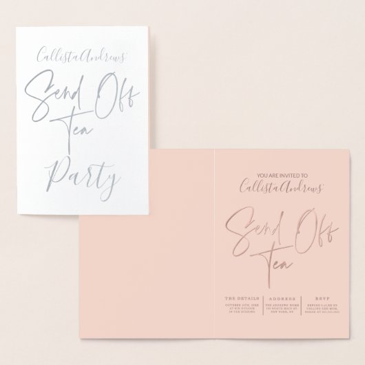 Zilverfolie Roze Rose Gold Typografie Send Off Tea Folie Kaarten (Display)