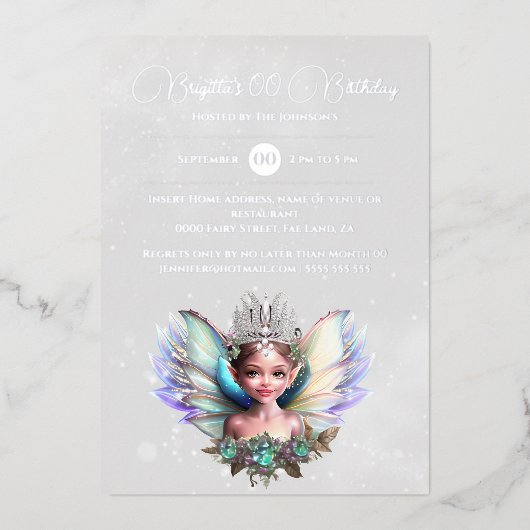 Zilverfolie sneeuw koningin winter wonderland fee folie uitnodiging (Voorkant)