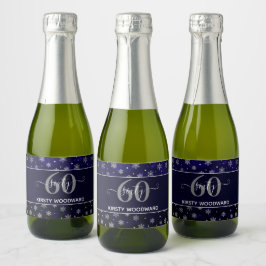 Zilverfolie Sneeuwvlokken & blauwe bokeh 60ste ver Sparkling Wijnetiket