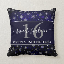 Zilverfolie Sneeuwvlokken & blauwe bokeh Sweet 16 Kussen