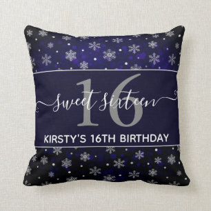 Zilverfolie Sneeuwvlokken & blauwe bokeh Sweet 16 Kussen