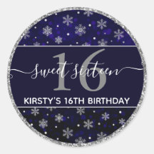 Zilverfolie Sneeuwvlokken & blauwe bokeh Sweet 16