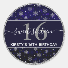 Zilverfolie Sneeuwvlokken & blauwe bokeh Sweet 16 Ronde Sticker