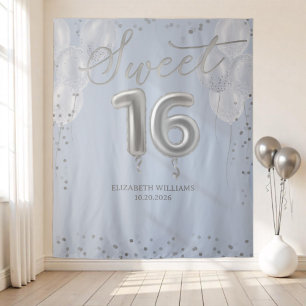 Zilverfolie Sweet 16 Ballonnen Blauw Achtergrond Wandkleed