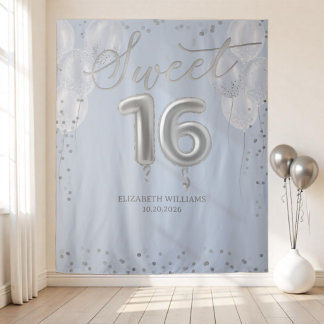 Zilverfolie Sweet 16 Ballonnen Blauw Achtergrond Wandkleed