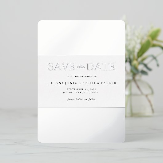 Zilverfolie Trendy Moderne Trouwkaart Save The Dat Folie Uitnodiging (Staand Voorkant)