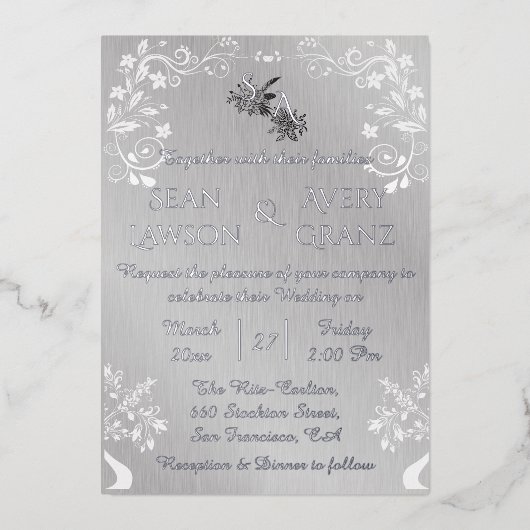 Zilverfolie  zilverwitte sierrand folie uitnodiging (Voorkant)