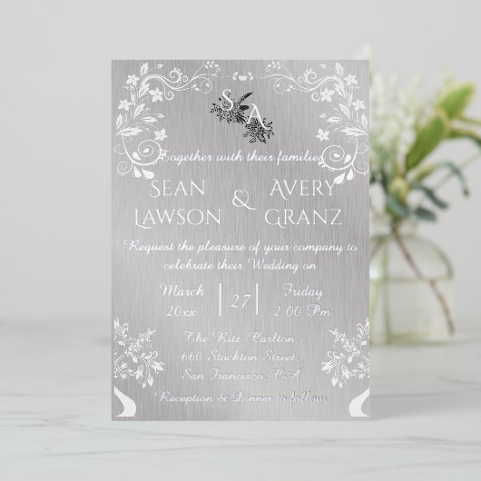 Zilverfolie  zilverwitte sierrand folie uitnodiging (Staand Voorkant)