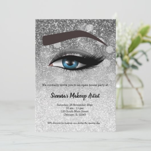 Zilverglaasde ogen zweven | make-up kunstenaar kaart (Staand voorkant)