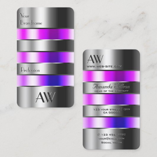 Zilverglas Roze Paarse vloeistoffen met Initialen Visitekaartje (Voorkant / Achterkant)