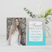 Zilverglitter blauwgroen foto, Sweet 16 Kaart (Staand voorkant)