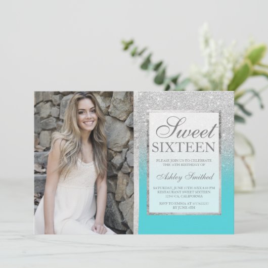Zilverglitter blauwgroen foto, Sweet 16 Kaart (Staand voorkant)
