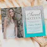 Zilverglitter blauwgroen foto, Sweet 16 Kaart<br><div class="desc">Een modern,  eenvoudig faux zilveren glitter stijlvol lijst met faux zilver streep op aanpasbaar robbin ei blauw blauwgroen Zweet zestien verjaardagsfeestdagen,  voeg uw afbeelding toe.</div>