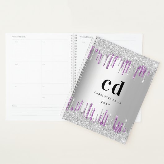 Zilverglitter druppelt paars monogram 2022 metaal planner (Display)