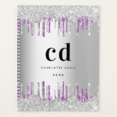 Zilverglitter druppelt paars monogram 2022 metaal planner (Voorkant)