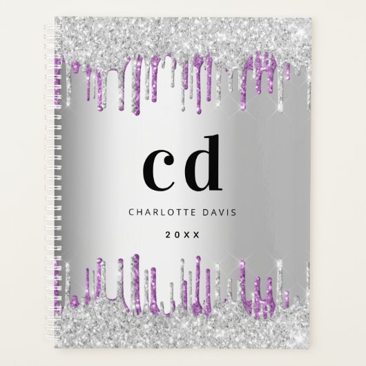 Zilverglitter druppelt paars monogram 2022 metaal planner (Voorkant)