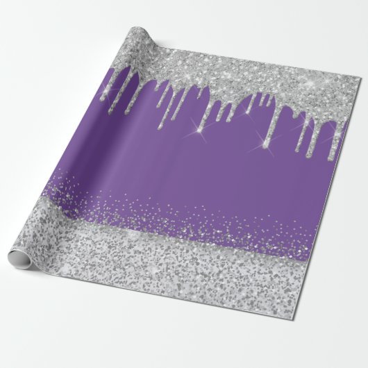 Zilverglitter druppelt paarse glinstering cadeaupapier (Uitgerold)