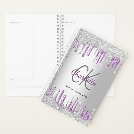 Zilverglitter druppelt paarse metalen monogram 202 planner (Display)