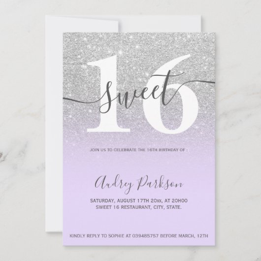 Zilverglitter paars lila ombre girly Sweet 16 Kaart (Voorkant)