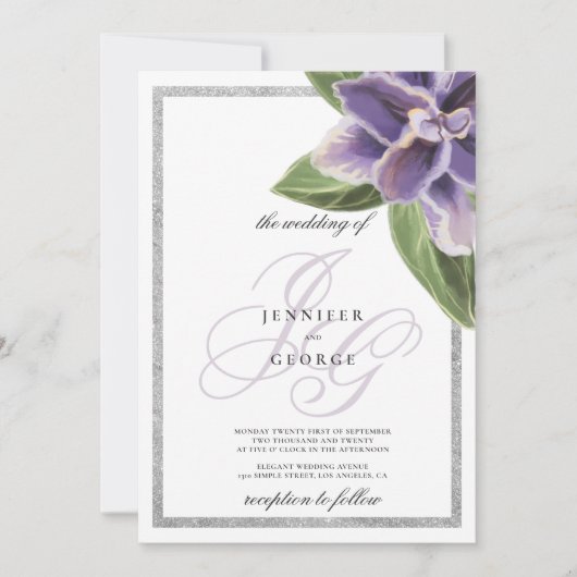 Zilverglitter paarse lavendel orchidee bruiloft kaart (Voorkant)