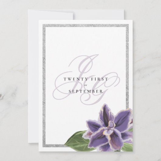 Zilverglitter paarse lavendel orchidee bruiloft kaart (Achterkant)