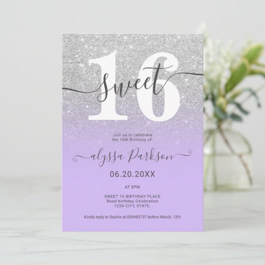 Zilverglitter paarse lavender chic girly Sweet 16 Kaart (Staand voorkant)
