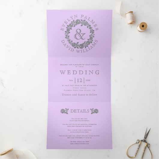 Zilverglitter roos met lavender bruiloft drieluik uitnodiging (Binnen)