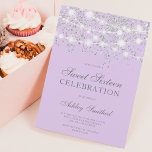 Zilverglitter sparkles lavender, zestien kaart<br><div class="desc">Een modern,   en elegant zilveren glitter doucheconfetti en witte snaarlampen met pastellavender paars kleurenblok Sweet 16 verjaardagsfeestuitnodiging.</div>