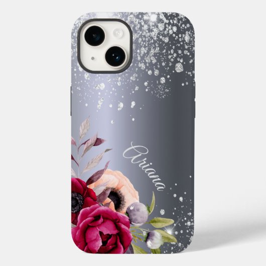 Zilverglitterbloemen met vuurwapennaam Case-Mate iPhone case (Achterkant)