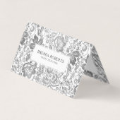 Zilvergrijs Bloemen Damasks Visitekaartje (Voorkant)