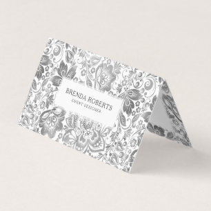 Zilvergrijs Bloemen Damasks Visitekaartje