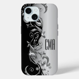 Zilvergrijs Bloemen - Monogram iPhone 15 Case