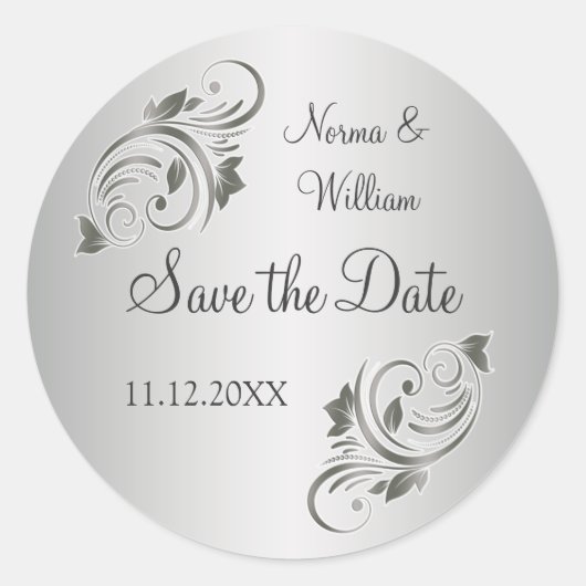 Zilvergrijs bloemenwervelingen Save the Date Stick Ronde Sticker (Voorkant)