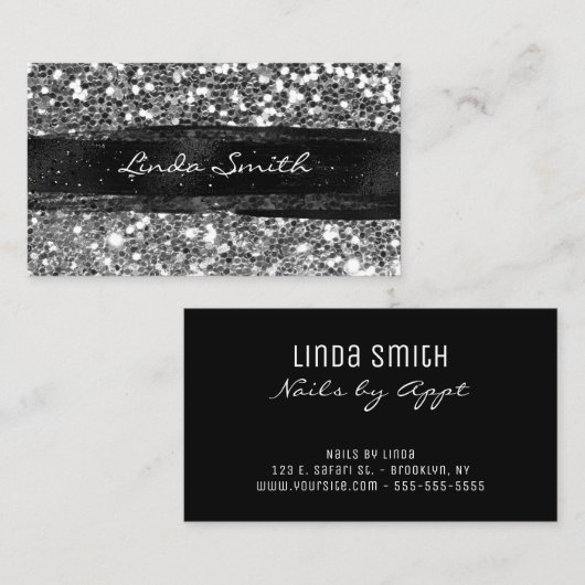 Zilvergrijs Confetti Glitter Black Brush Strokes Visitekaartje (Voorkant / Achterkant)