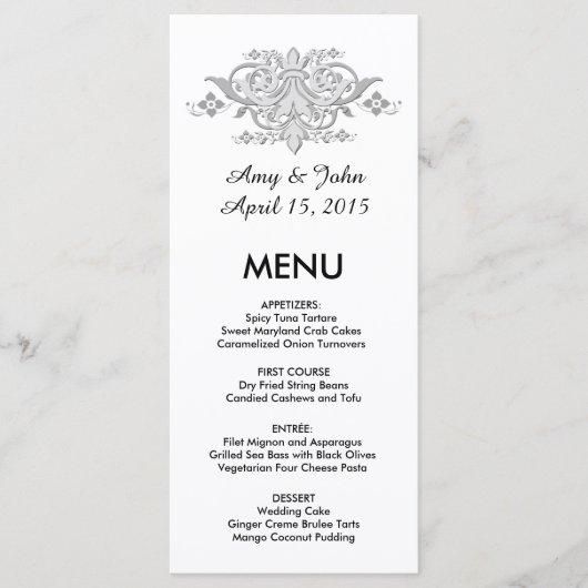 Zilvergrijs damask custom bruiloft menu damask1 (Voorkant)