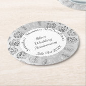 Zilvergrijs damast bruiloft of jubileum ronde kartonnen onderzetter (Gebogen)