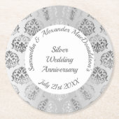Zilvergrijs damast bruiloft of jubileum ronde kartonnen onderzetter (Voorkant)