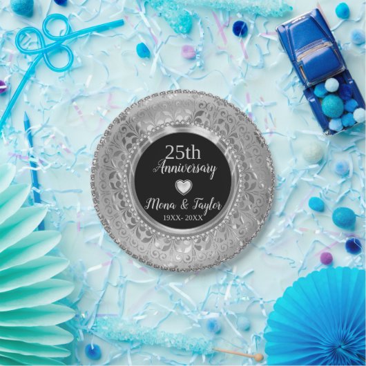 Zilvergrijs Damast en Hart Papieren Bordje (Feest)