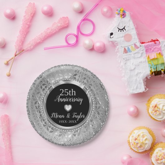 Zilvergrijs Damast en Hart Papieren Bordje (Feest)