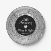 Zilvergrijs Damast en Hart Papieren Bordje (Voorkant)