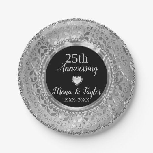 Zilvergrijs Damast en Hart Papieren Bordje (Voorkant)