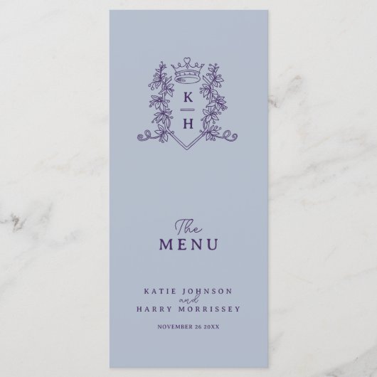 Zilvergrijs donker paarse kroonmonogram bruiloft menu (Voorkant)
