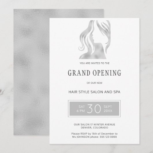 Zilvergrijs elegante schoonheidssalon grand openin kaart (Voorkant / Achterkant)