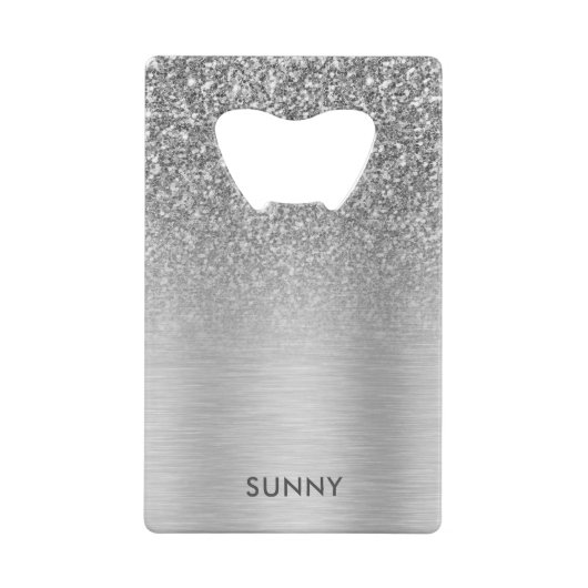 Zilvergrijs Faux Glitter & Metallic Texture Blend Creditkaart Flessenopener (Achterkant)
