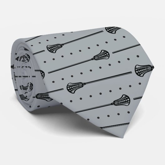 Zilvergrijs Lacrosse Zwart Sticks & Stippen Patroo Stropdas (Opgerold)