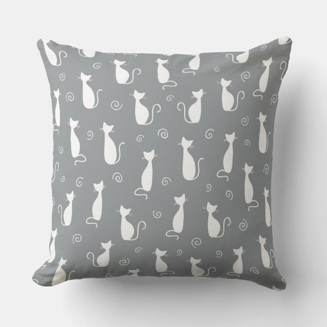 ZILVERGRIJS MET WITTE KAT SILHOUETTEN KUSSEN (Voorkant)